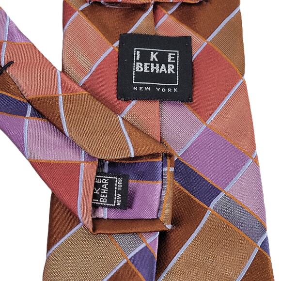 Ike Behar Mens Tie Rust Purple Blue Tan Check Woven Silk Necktie Dressy Career - Picture 5 of 7